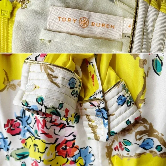 TORY BURCH Silk Quilted Yoke Yellow Floral Silk Midi Dress Size 4 - Picture 6 of 16